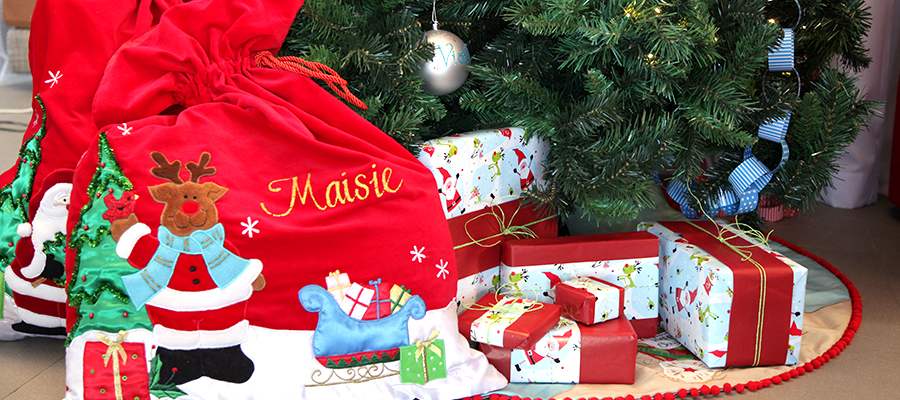 merry and bright banner santa sack