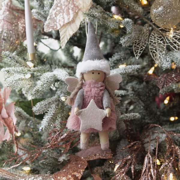 Sugar Plum Christmas Fabric Angel Decoration - Grey Hat Hanging in a Christmas Tree