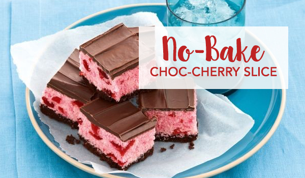 No Bake Choc Cherry Slice - placed in a blue plate