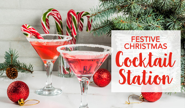 Coctail with candy cane and baubles - Festive Christmas Cocktail Station