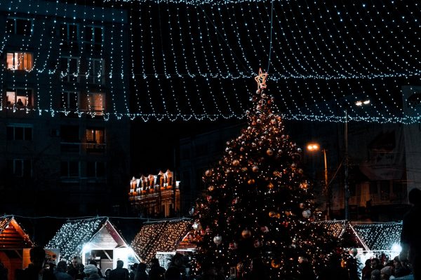 Huge Christmas Tree in the middle of the Town Square with Christmas Lights