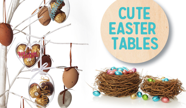 Brown and white egg bauble shape with clear glass and easter egg nest - Cute Easter Tables