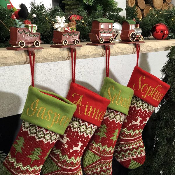 Red and Green Knitted Stockings Mantle - How to Create Santa's Little Helper Christmas Theme