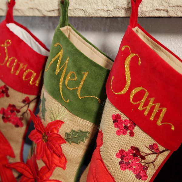 burlap bells and birds mantle stockings close up - How to Create a Burlap, Bells and Birds Christmas Theme