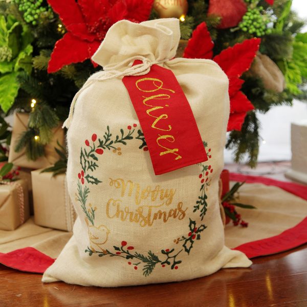 jute merry christmas sack - How to Create a Burlap, Bells and Birds Christmas Theme