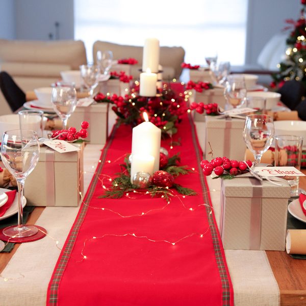 Copper Lights on REd Table Runner - Creative Storage Tips for Your Christmas Decorations