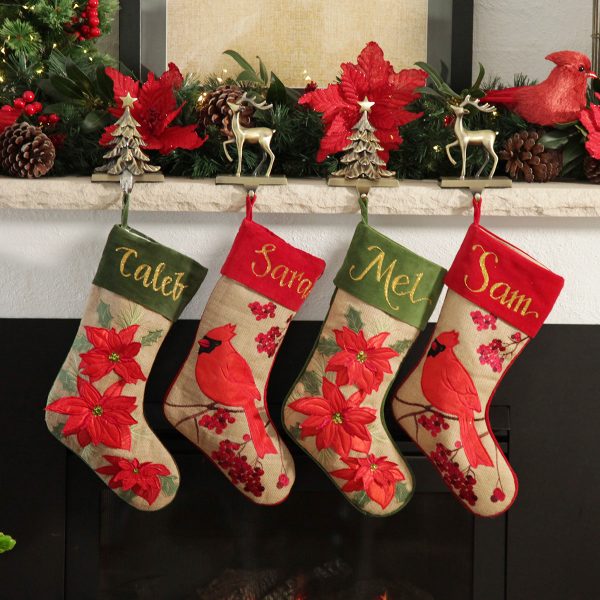 burlap bells and birds mantle stockings - Creative Storage Tips for Your Christmas Decorations
