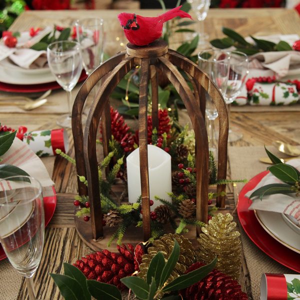 burlap bells and birds table setting led birdcage - Decorating Christmas Trees in July