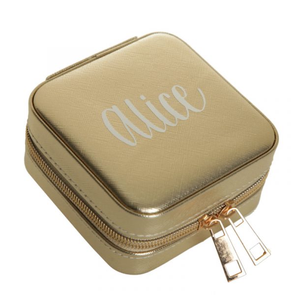 Personalised Small Gold Travel Jewellery Case Named Alice