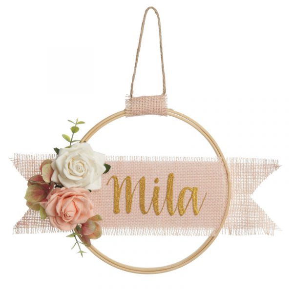 Personalised Embroidery Hoop Wreath in Pink Named Mila