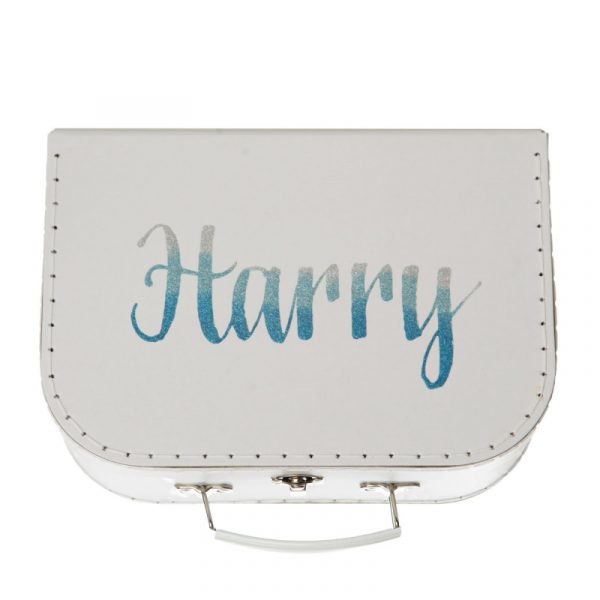 Personalised White Stiched Keepsake Suitcase Box Boy with Named Harry