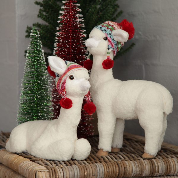 Falalala Llama Christmas Fiesta Fluffy White Llama with Hat - Standing and sitting - Housewarming Christmas Gifts