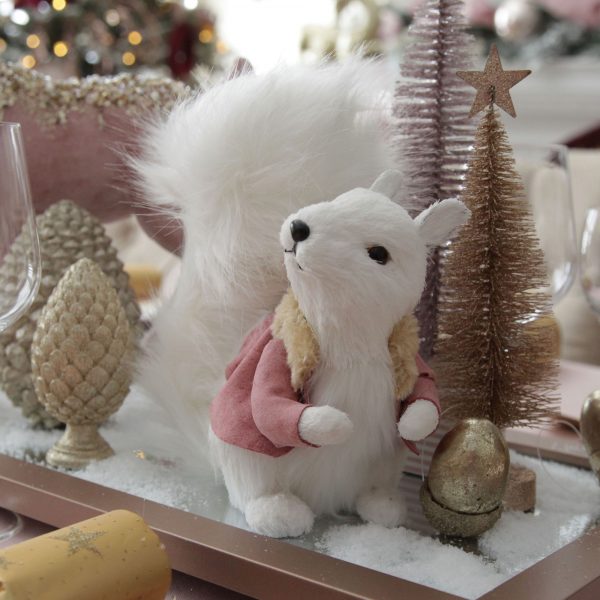 Sugar Plum Christmas White Squirrels with Bushy Tail and Pink Jacket - Housewarming Christmas Gifts