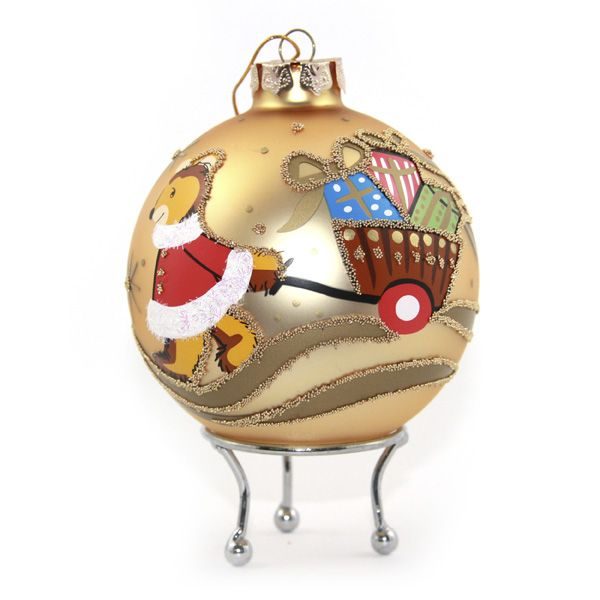 Gold Christmas Bear with Cart Bauble Personalised