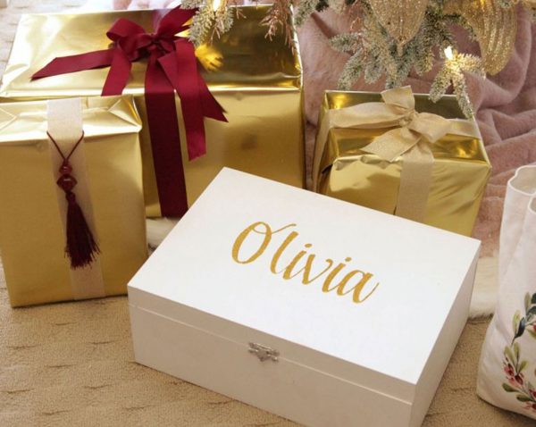 Personalised Keepsake gift box Named Olivia with wrapped presents beside