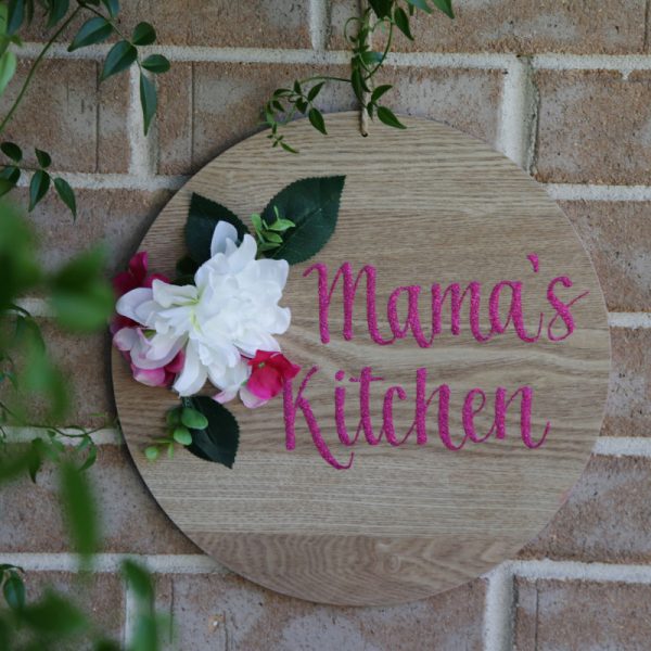 Personalised Floral Kitchen Round Natural Wood Plaque Hanging in a wall