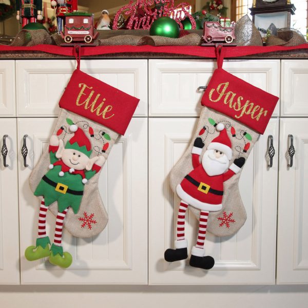 A Christmas Kitchen Santa & ELf Stocking with Dangly Legs - Set of 2
