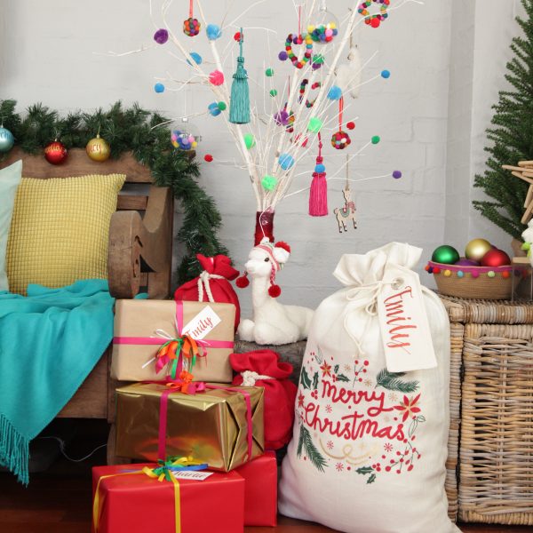 Falalala Llama Christmas Fiesta Presents - Personalised Jute Merry Christmas Holly Sack