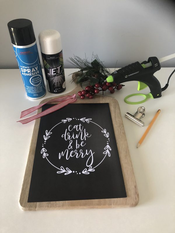 Eat Drink and Be Merry Poster Print Placed In a Desk with a glue gun and spray adhesive