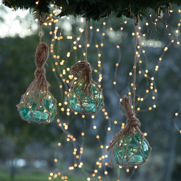 Lightup GLass Bouy Hanging outside with String light