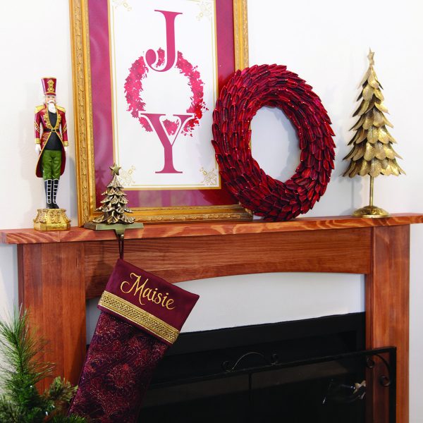 Joy posted download with red wreath and personalised hanging stocking and nutcracker