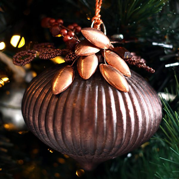 Mixed Metal Lifestle - Copper Round Jewelled Ribbed Bauble