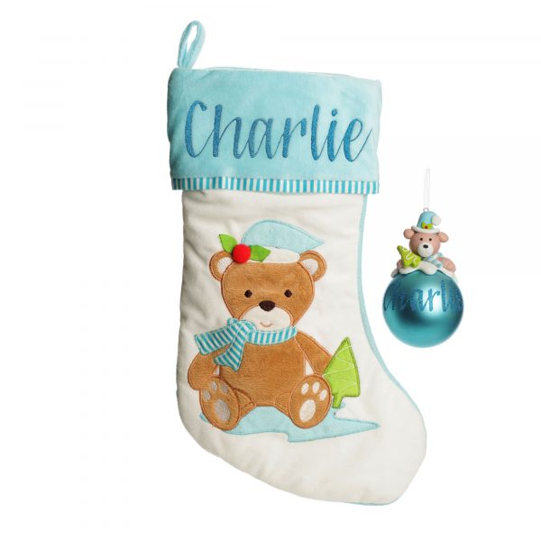 Personalised Baby Blue Teddy Bear Christmas Stocking and Bauble Pack