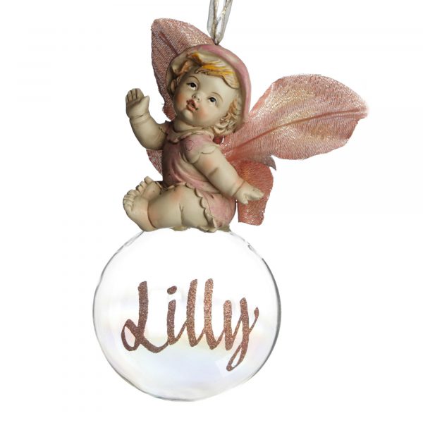 Pink Gumnut Baby personalised Christmas Bauble close up - Named Lilly