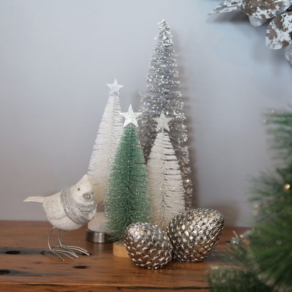 Silver Frost Christmas -Polyresin Pinecone - White and Sage Bottle Bush Tree Ornaments