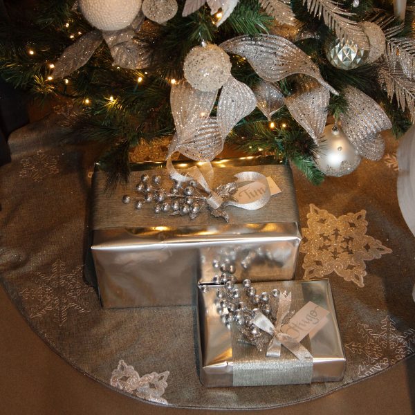 Silver Frost Christmas Presents Under the christmas tree and Christmas tree skirt