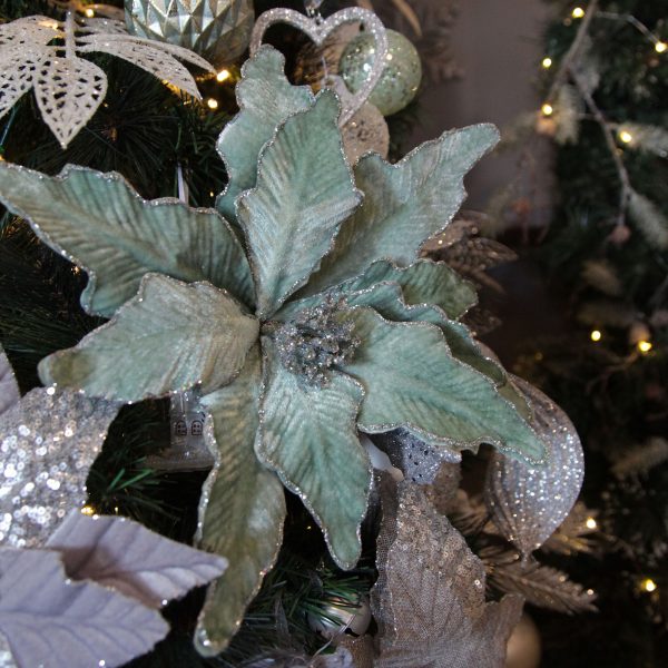 Silver Frost Christmas Sage Poinsettia Flower on Clip with Silver Glitter Trim