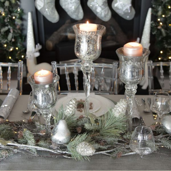 Silver Frost Christmas Table Centrepiece Candles