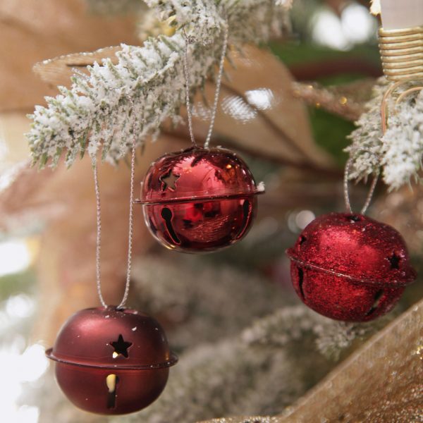 Sugar Plum Christmas Burgundy 4cm Jingle Bell Decorations Hanging in a Christmas Tree