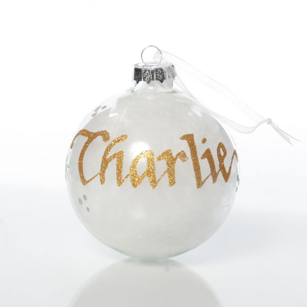 White Feather Glass Personalised Christmas Bauble with white background