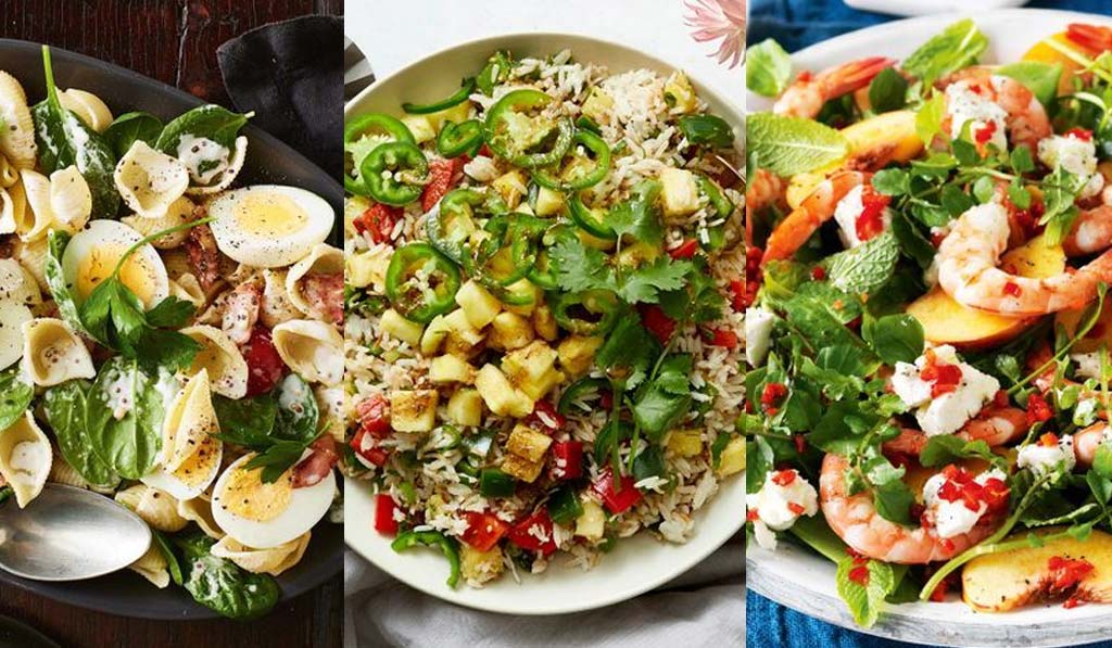 Summer Salads for the Christmas Table - Bacon Egg Baby spinach, Jamaican Confetti rice and Prawn Peach and Goats Cheese Featured Image