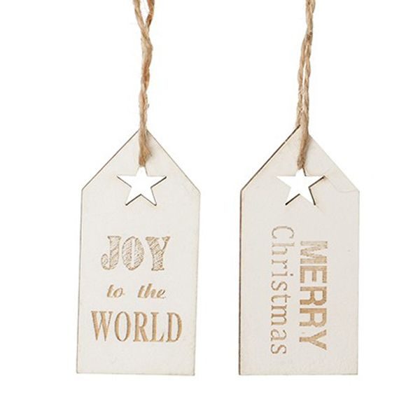 Gold and White Greeting Wooden Gift tags with a white background