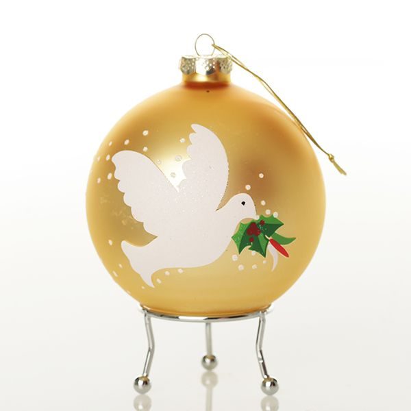 Gold peace doves chrismtas bauble with a white background