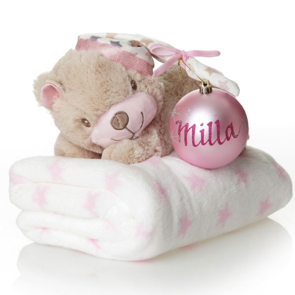 Personalised Bauble with Teddy and Blanket - Named Milla