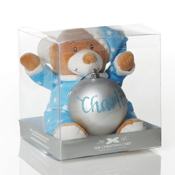 Personalised Bauble and Teddy Blue Pack - Named Charlie