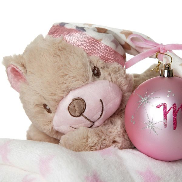 Personalised Bauble with teddy and blanket - closer look