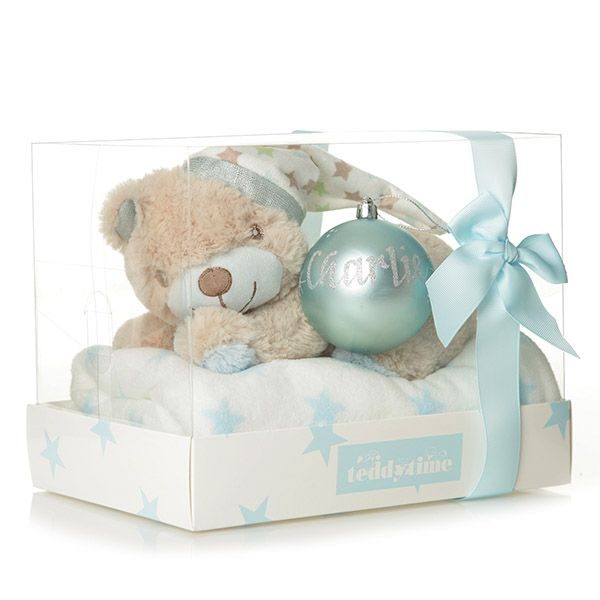Personalised Blue Bauble with Teddy and Blanket Gift - Wrapped in a plastic