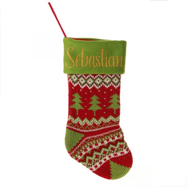 Personalised Knitted Tree Christmas Stocking with Green Cuff - Named Sebastian