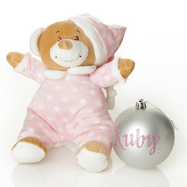 Personalised Pink Bauble and Teddy Gift Pack - Named Ruby