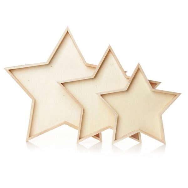 Set of 3 Plywood Craft Star Tray with a white background