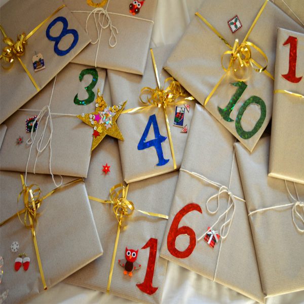 Advent Calendar Ideas - Gift wrapped with numbers and Gold ribbon