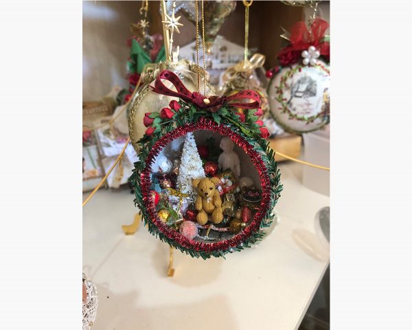 Decorative Craft Baubles with a Bear inside and a Red Bow