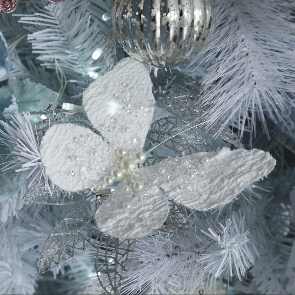 Pretty Little Christmas Stunning White and Pearl Butterfly Clip Square hanging in the silver Christmas Tree with silver bauble