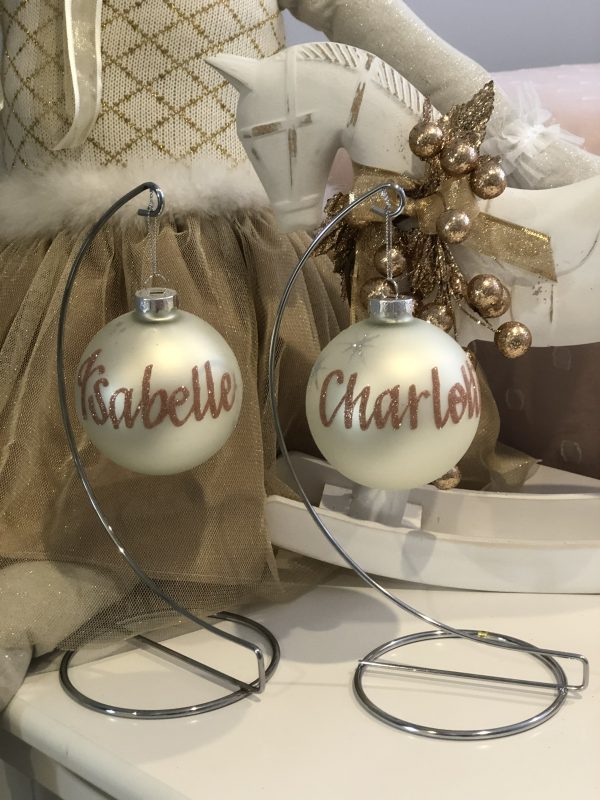 2 Personalised White Bauble Placed in A Bauble Holder