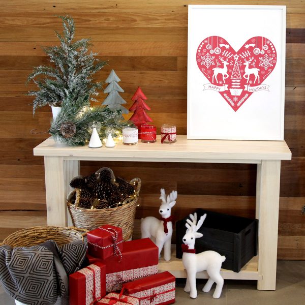 Nordic Christmas Bench Lifestyle with Poster download placed in a small table with Gifts below and Standing Deer with Red Scarf