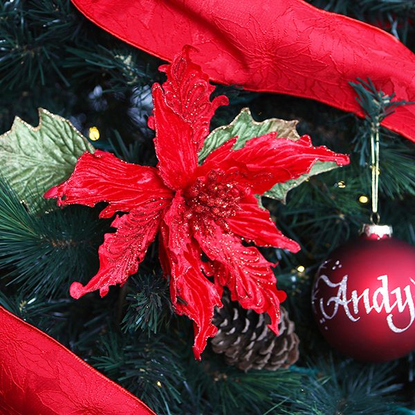 Rustic Lifestyle - Velvet Flower with Leaves Hanging in a Christmas Tree